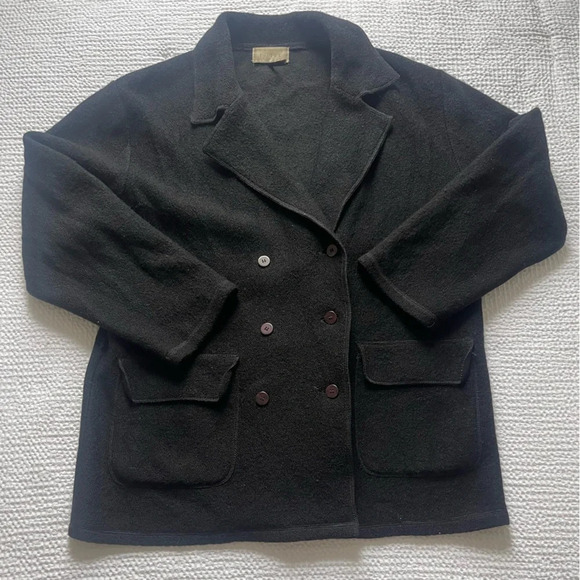 J. Jill 100% Wool Black Double Breasted Mid Lenght Pea Coat Button Up Pockets - Picture 1 of 7